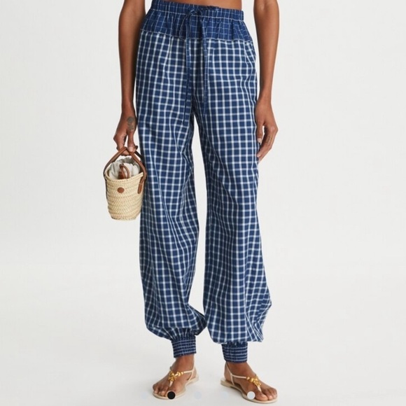 Tory Burch Pants - Tory Burch NWT Size 10 Picnic Plaid Silk Pants Blue and White